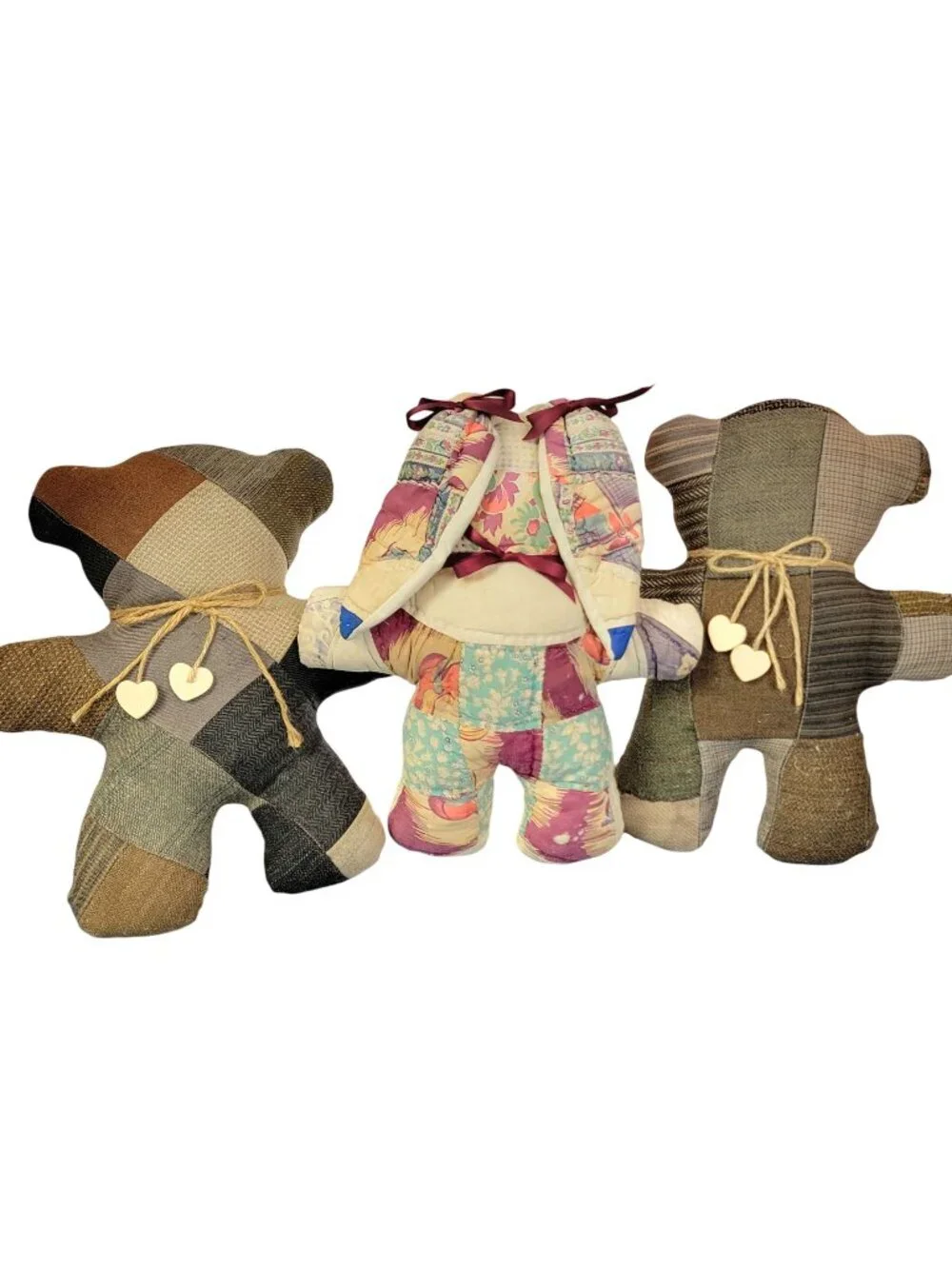 Vintage 70s Handmade Quilt Stuffed Animals Lot Child Bear Bunny Brown Pink Toys